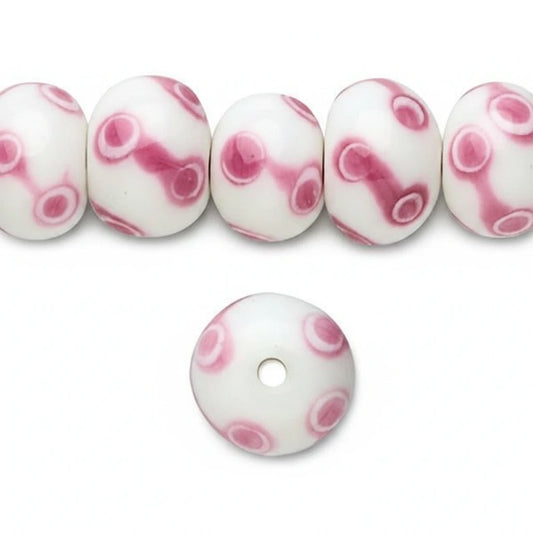 Lampwork Glass Rondelle Beads, White with Pink Swirls, 12x9mm, 1 strand