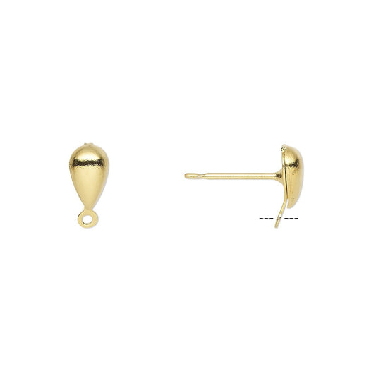 Gold teardrop stud earring shown from two angles: front view with a hanging loop on the left, and side profile showing the post on the right, on a plain white background.