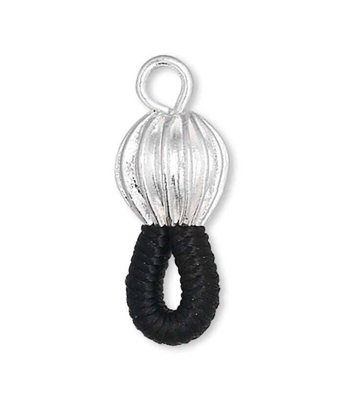 A jewelry charm featuring a textured silver top with a loop and a black braided bottom loop, shown on a plain white background.