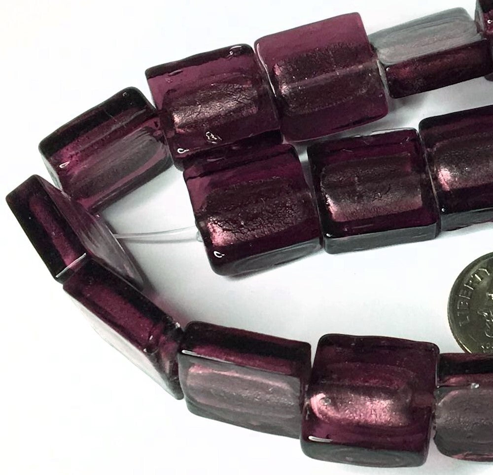 Lampwork Glass Amethyst Purple Silver Foil 15x15mm Square Beads, 24 pcs