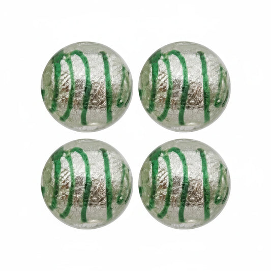 Lampwork Glass Green Striped Silver Foil Round Beads, 12mm, 1 Strand