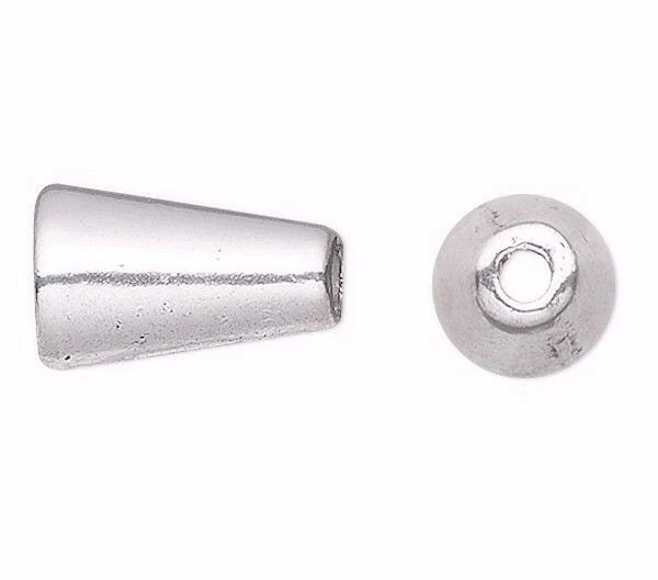 Two small metallic silver beads shown on a plain white background: one cone-shaped bead viewed from the side and one round bead viewed from the top, both with central holes.