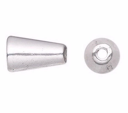 Two small metallic silver beads shown on a plain white background: one cone-shaped bead viewed from the side and one round bead viewed from the top, both with central holes.