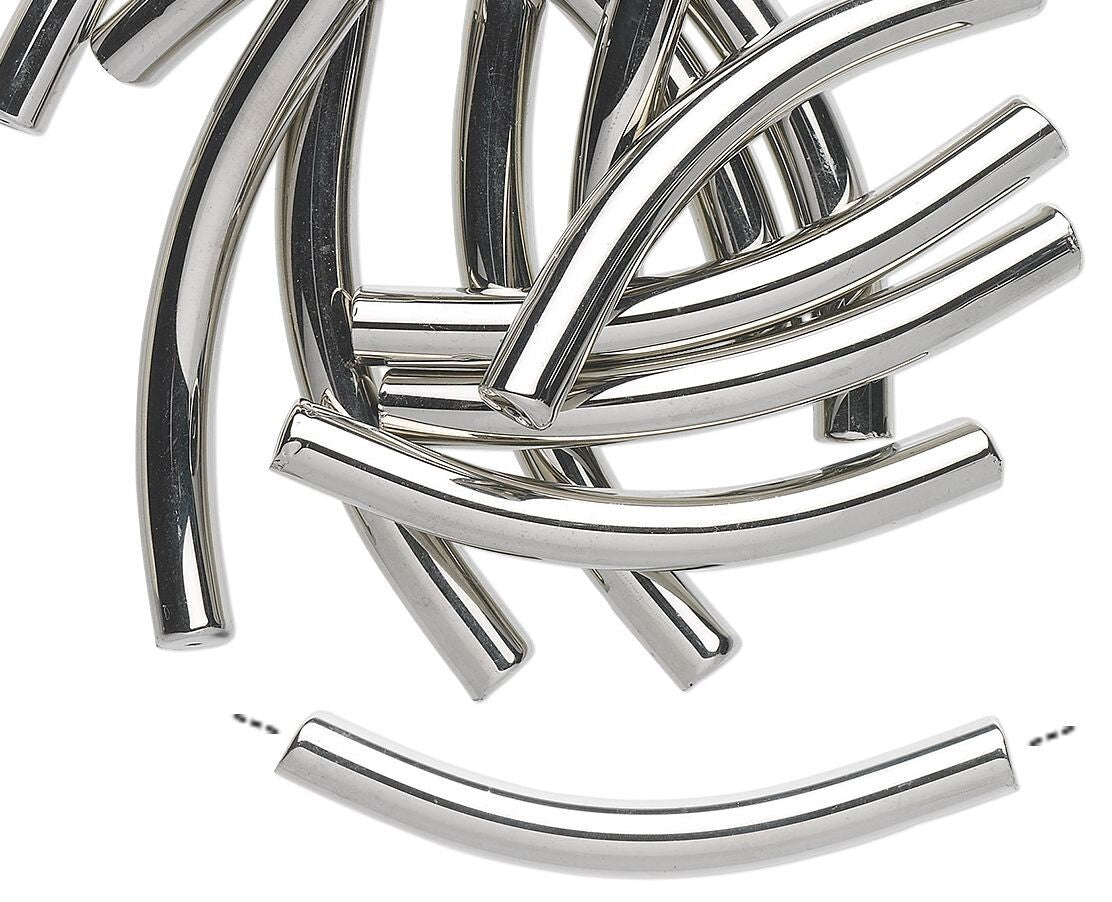 A pile of curved, polished silver metal tubes or rods on a plain white background, with one tube shown separately below.