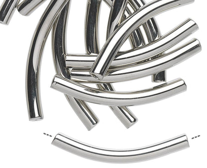 A pile of curved, polished silver metal tubes or rods on a plain white background, with one tube shown separately below.