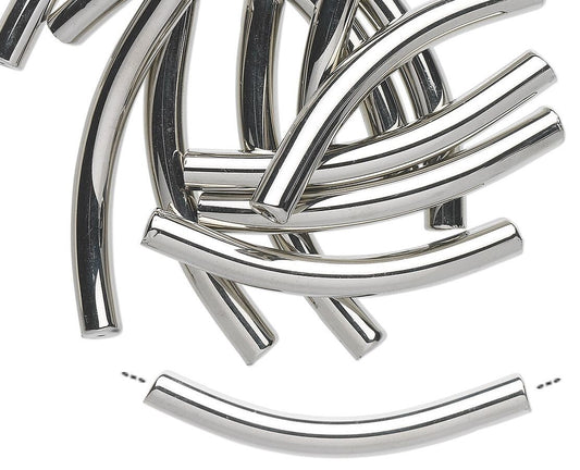 A pile of curved, polished silver metal tubes or rods on a plain white background, with one tube shown separately below.
