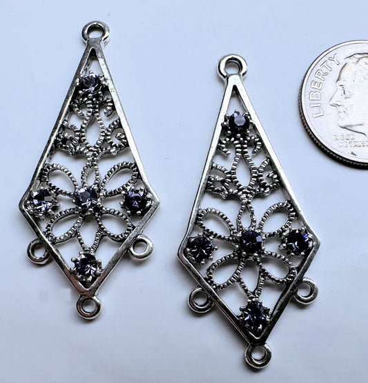 Antiqued Silver Pewter Kite Earring Components with Swarovski Tanzanite Crystal, 34x18mm, 2 pcs