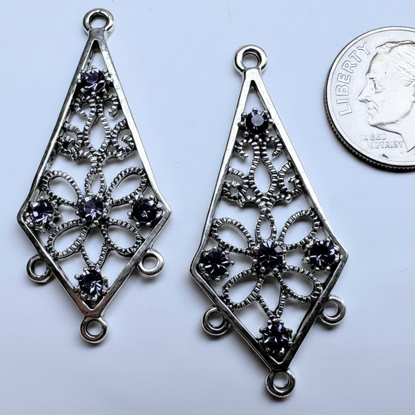 Antiqued Silver Pewter Kite Earring Components with Swarovski Tanzanite Crystal, 34x18mm, 2 pcs