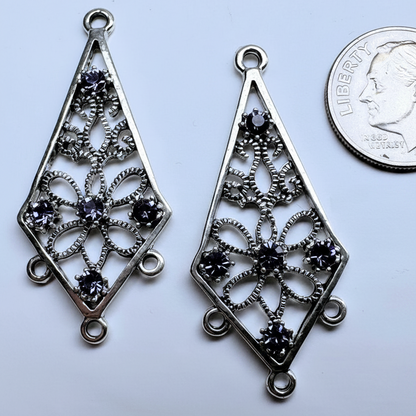 Antiqued Silver Pewter Kite Earring Components with Swarovski Tanzanite Crystal, 34x18mm, 2 pcs