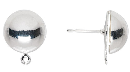 Silver Plated Steel Half Ball Earring Posts 12mm with Closed Loop