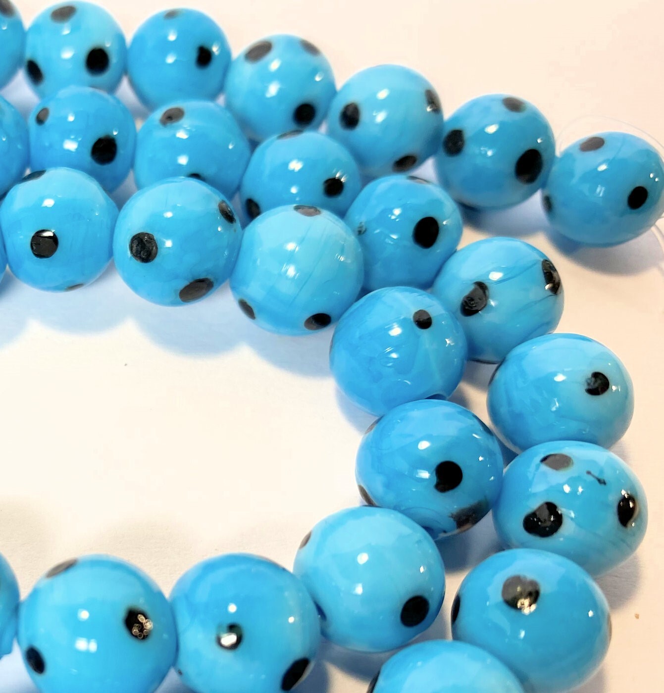 Lampwork Glass Turquoise Black Polka Dot 8-10mm Round Beads, 1 Strand (approx. 50)