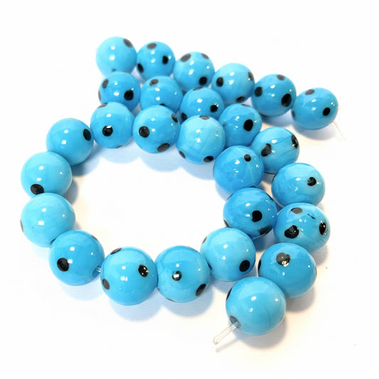 Lampwork Glass Turquoise Black Polka Dot 8-10mm Round Beads, 1 Strand (approx. 50)