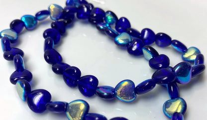 Czech Light Cobalt Blue AB Pressed Glass Heart Beads, 8mm, 1 Strand (approx. 50)