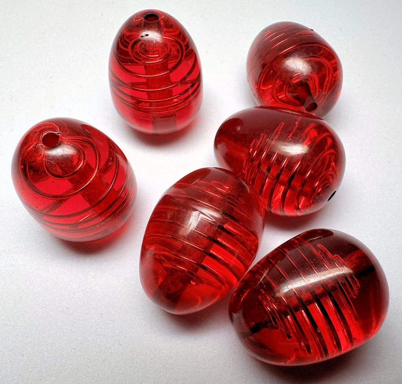 Red Resin Oval Beads with Gold Wire Spiral, 28x21mm, 6 pcs