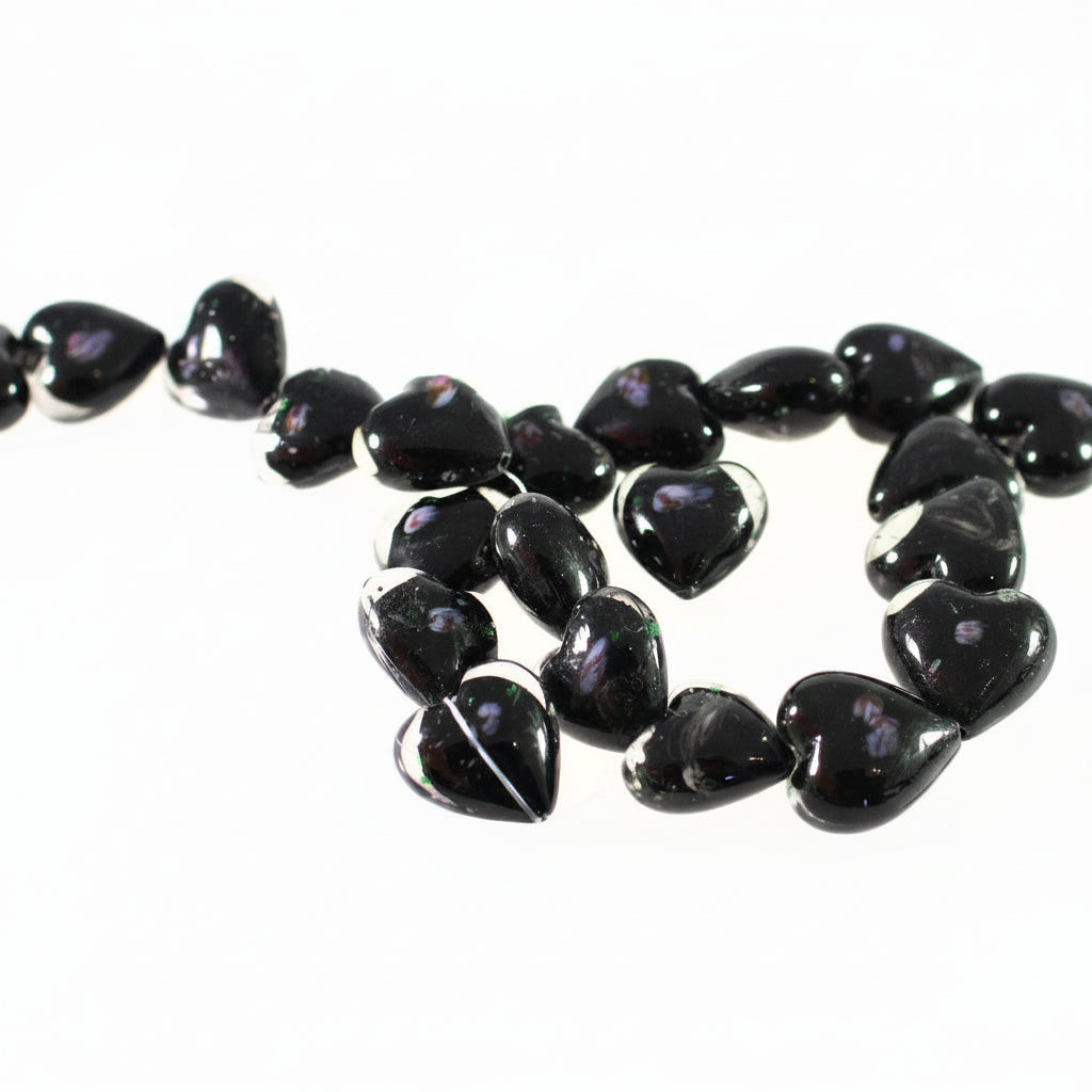 Lampworked Glass Clear Puffed Heart Beads, Black & Pink Rose, 20-22mm, 1 Strand