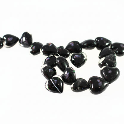 Lampworked Glass Clear Puffed Heart Beads, Black & Pink Rose, 20-22mm, 1 Strand