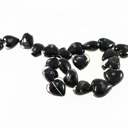Lampworked Glass Clear Puffed Heart Beads, Black & Pink Rose, 20-22mm, 1 Strand