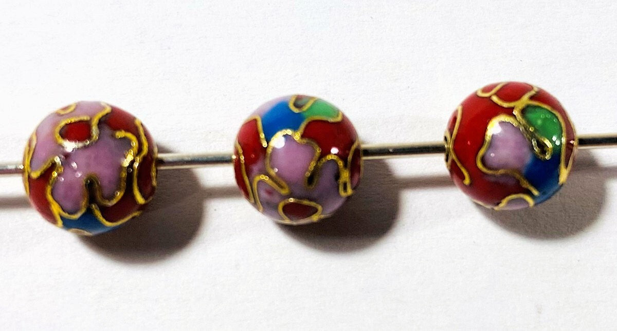 Multicolor Red Cloisonné Round Beads 8mm, 10 pcs