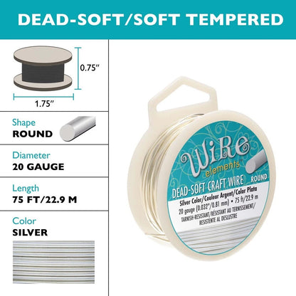 Beadsmith Non-Tarnish Silver Plated Copper Round Wire, 20 Gauge, 75 Feet