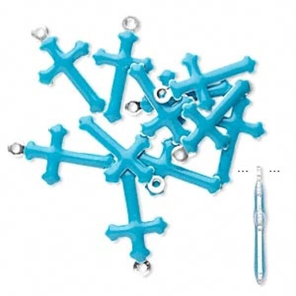 Silver Plated Brass & Turquoise Blue Epoxy Cross Charms 15x9mm – 12 pcs