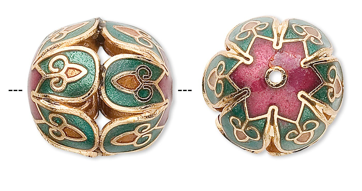 Red & Green Cloisonné Cut Out Round Beads 16mm, 4 pcs