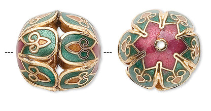 Red & Green Cloisonné Cut Out Round Beads 16mm, 4 pcs