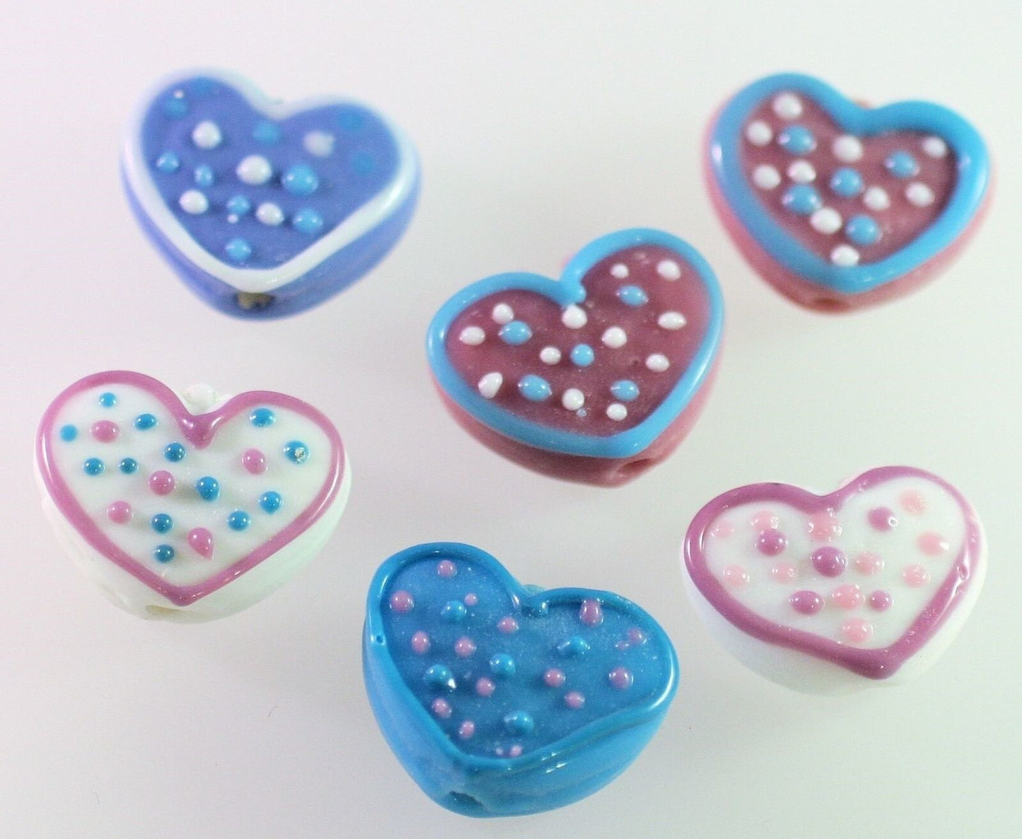 Lampwork Glass White Pastel Polka Dot 16x20mm Heart Beads, 6 pcs