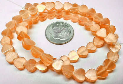 Orange Cat's Eye Glass Heart Beads, 6x6x3mm, 1 Strand (approx. 67)