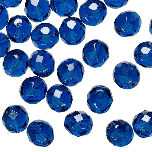 Czech Transparent Dark Aqua Fire Polished Round Beads, 8mm, 1 Strand (approx. 50)