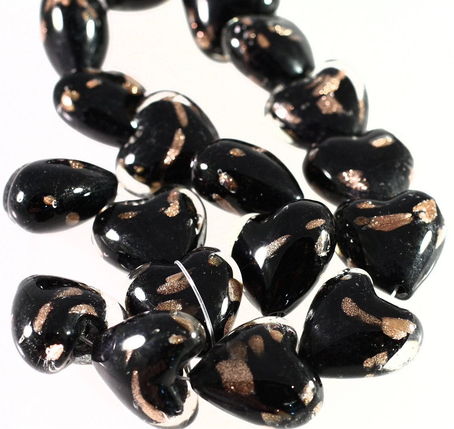 Lampwork Glass Black & Copper Puffed Heart Beads, 25-26mm, 1 Strand (approx. 17-18)