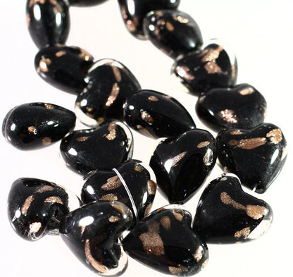 Lampwork Glass Black & Copper Puffed Heart Beads, 25-26mm, 1 Strand (approx. 17-18)