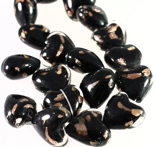 Lampwork Glass Black & Copper Puffed Heart Beads, 25-26mm, 1 Strand (approx. 17-18)