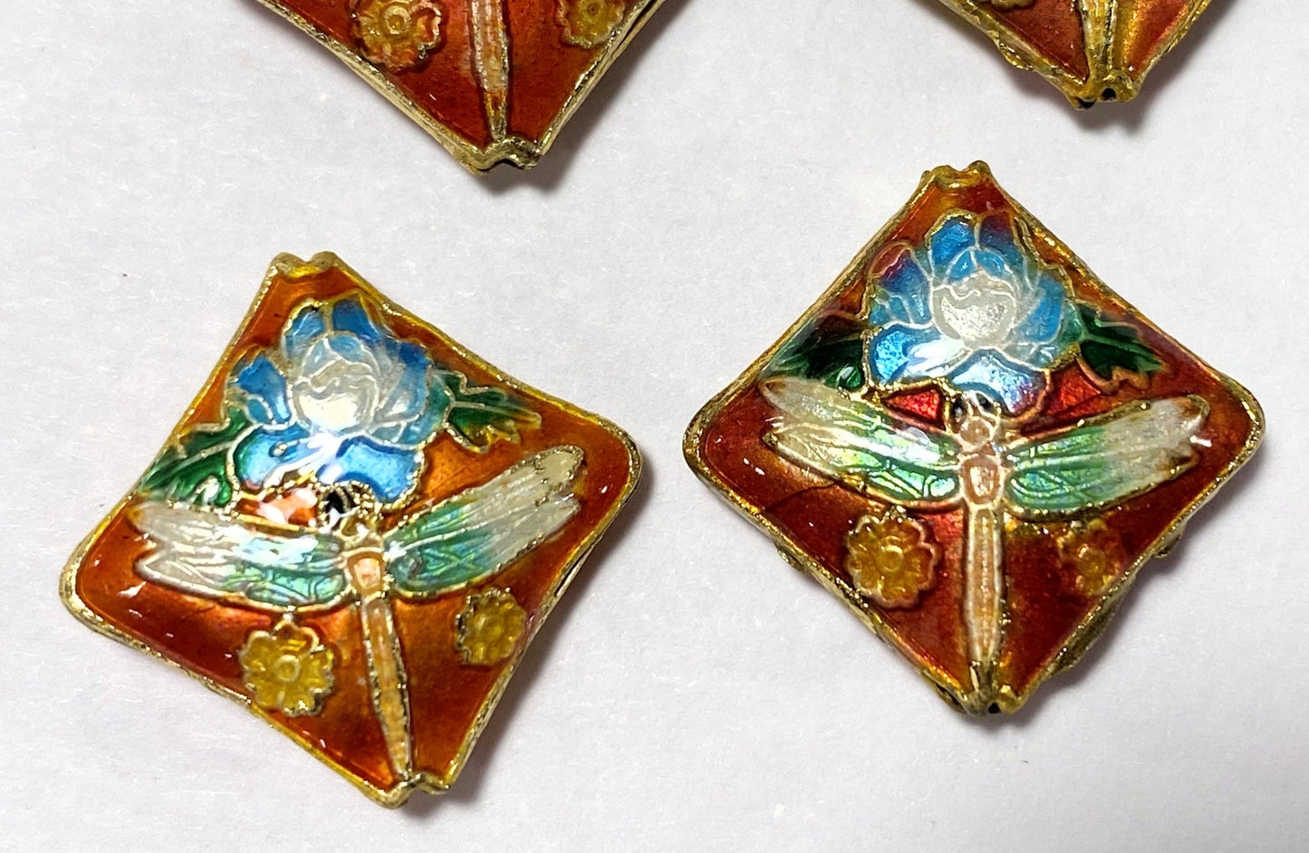 Multicolor Cloisonné Diamond Dragonfly & Flower Beads 19x6mm, 4 pcs