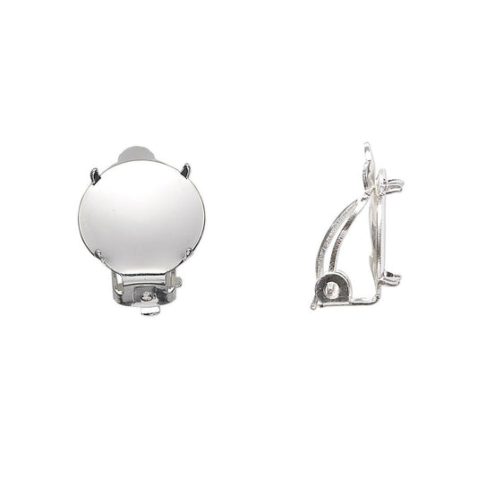 A pair of silver-toned round stud earrings shown on a plain white background, with one earring facing forward to show the circular face and clasp, and the other shown in side profile.