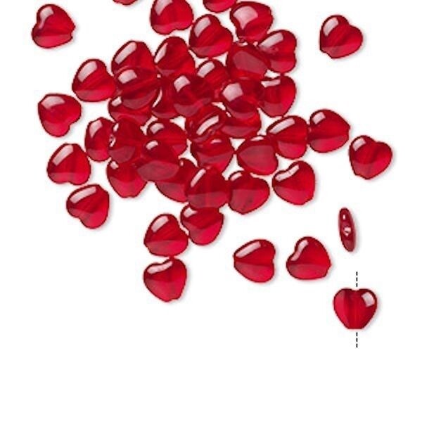 Czech Pressed Glass Heart Beads, Transparent Ruby Red, 1 Strand – 6mm, 8mm, or 10mm