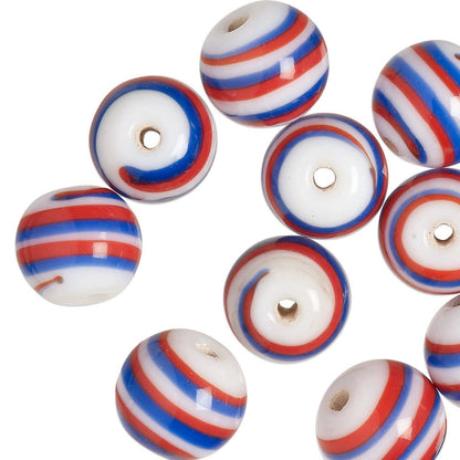 Beads, 10 Red, White & Blue Patriotic Lampworked Glass 12mm Round Beads