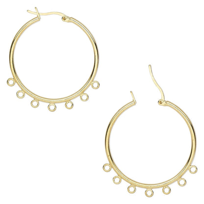 Gold Plated Brass Beading Hoop Earrings, 32mm, 7 Loops, Latch Closure, 10 pcs