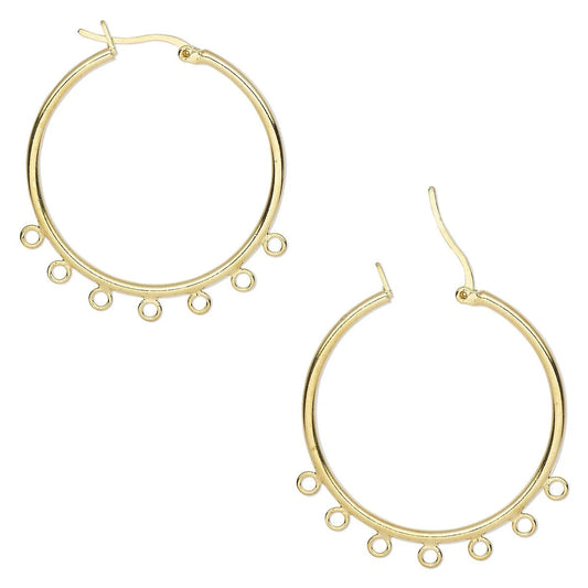 Gold Plated Brass Beading Hoop Earrings, 32mm, 7 Loops, Latch Closure, 10 pcs