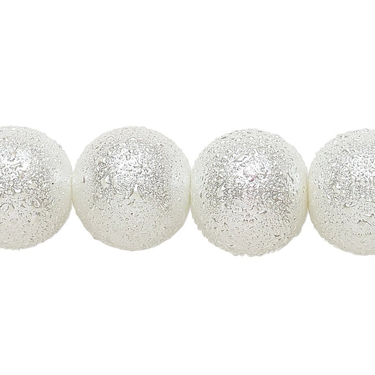 White Snowball Textured Glass Pearl Beads, 14mm - 1 Strand (approximately 28-29 pcs)