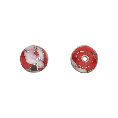 Red, Pink & Green Flower Cloisonné Round Beads 10mm, 10 pcs
