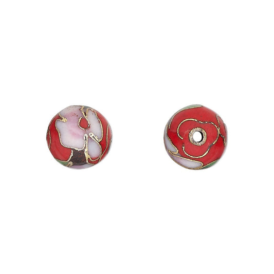 Red, Pink & Green Flower Cloisonné Round Beads 10mm, 10 pcs