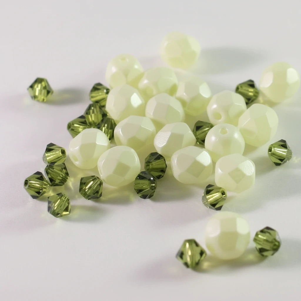Czech Fire-Polished Glass & Swarovski Crystal Bead Mix, Light Olive/Olivine, 32 pcs