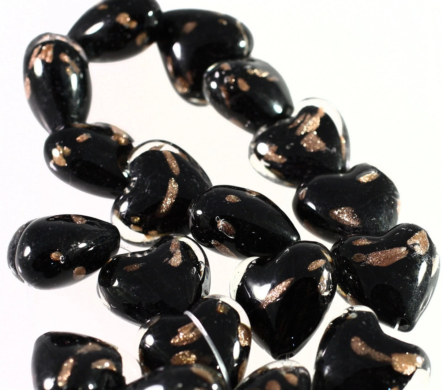 Lampwork Glass Black & Copper Puffed Heart Beads, 25-26mm, 1 Strand (approx. 17-18)