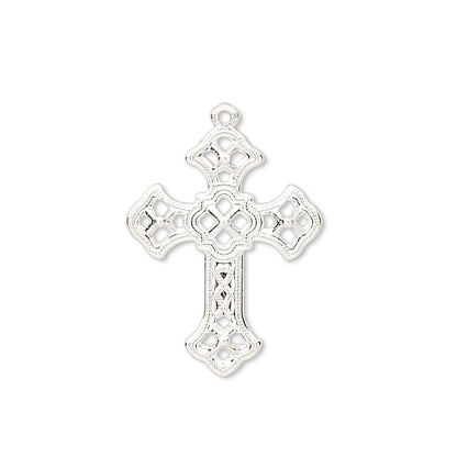 Silver Plated Brass Filigree Cross Charms, 24x18mm - Pack of 50
