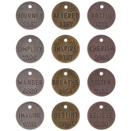 Tim Holtz Philosophy Word Tag Charms, Antiqued Metal, 7/8 inch, 12 pcs