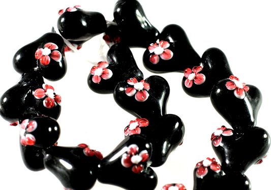 Lampwork Glass Puffed Heart Beads, Black with Pink Flower, 4 pcs