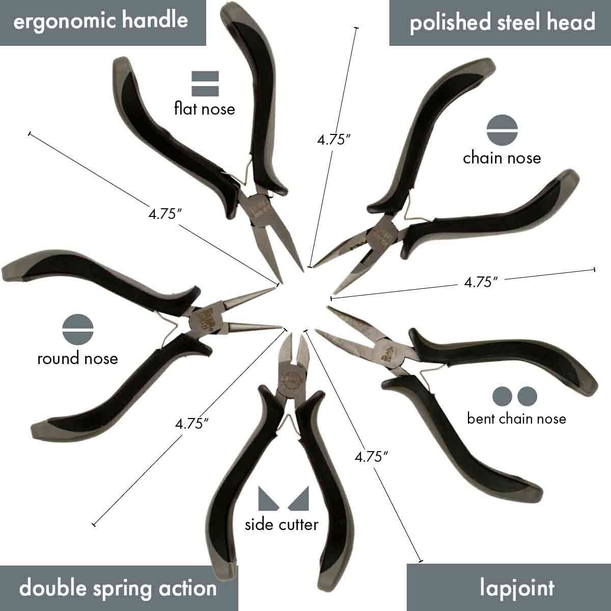 5-Piece Ergonomic Pliers Set, Bent Chain Nose, Flat Nose, Round Nose, Chain Nose & Side Cutter
