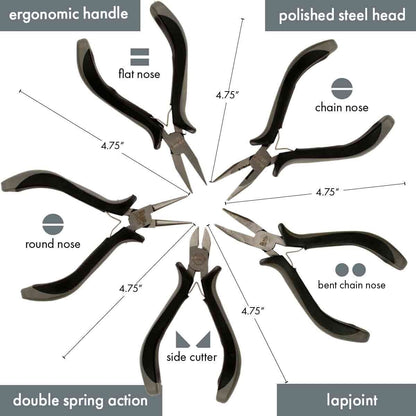 5-Piece Ergonomic Pliers Set, Bent Chain Nose, Flat Nose, Round Nose, Chain Nose & Side Cutter