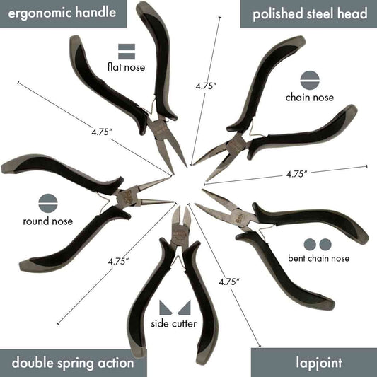 5-Piece Ergonomic Pliers Set, Bent Chain Nose, Flat Nose, Round Nose, Chain Nose & Side Cutter