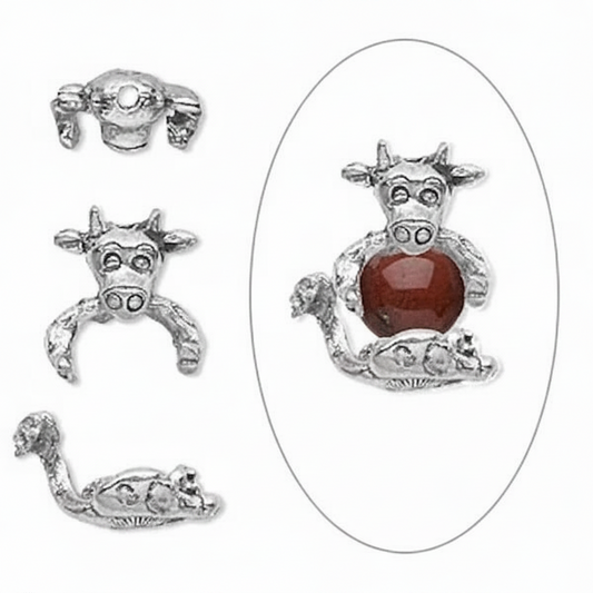 Pewter 3D Bull Bead Hugger Caps, Antiqued Silver, 19x11mm, 2 Sets